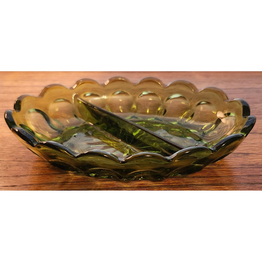 Vintage Olive Green Pressed Glass Divided Candy Dish Scalloped Sunburst 6.5 inch